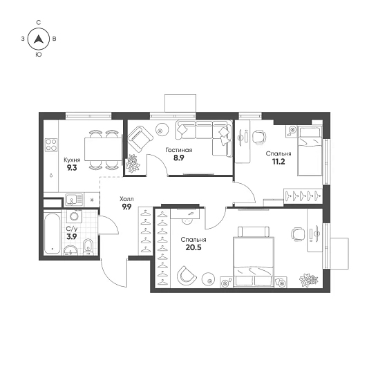 Квартира 3-комн. 63.7 кв. м