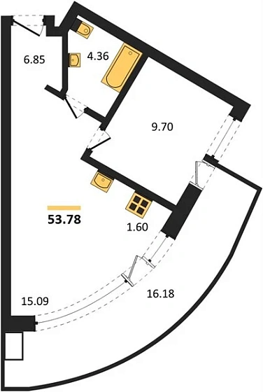 Апартаменты 1-комн. 53.78 кв. м