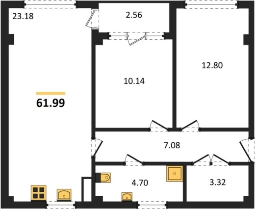 Квартира 2-комн. 61.99 кв. м