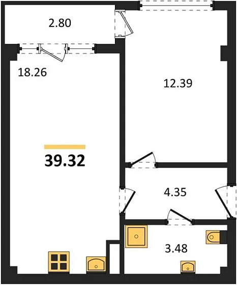 Квартира 1-комн. 39.32 кв. м