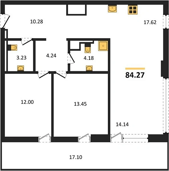 Квартира 3-комн. 84.27 кв. м