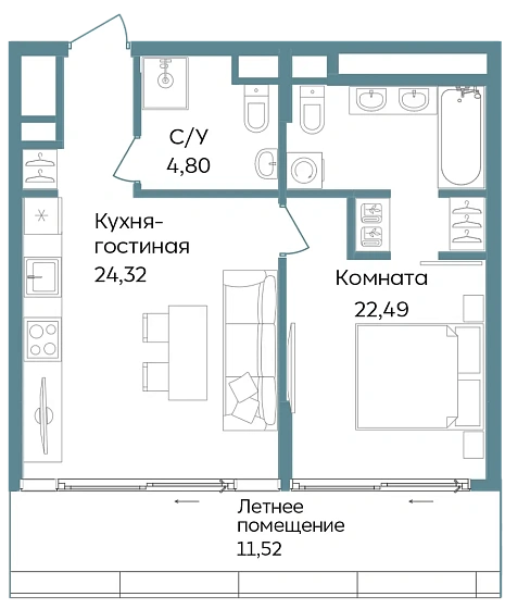 Апартаменты 2-комн. 63.13 кв. м
