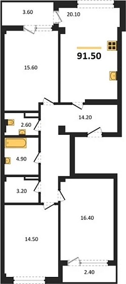 Квартира 3-комн. 91.5 кв. м