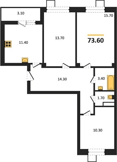 Квартира 3-комн. 73.6 кв. м