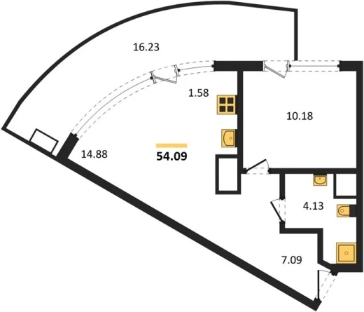 Апартаменты 1-комн. 54.09 кв. м