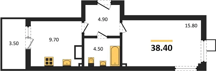 Квартира 1-комн. 38.4 кв. м