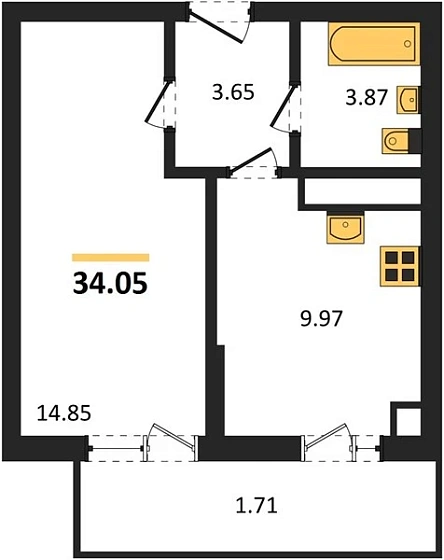 Квартира 1-комн. 34.05 кв. м