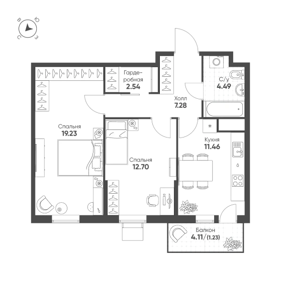 Квартира 2-комн. 58.93 кв. м