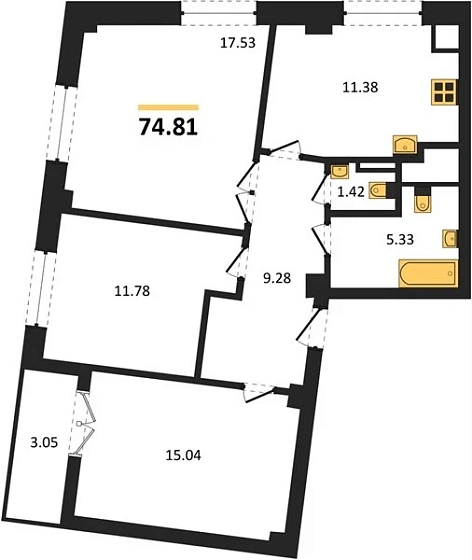 Квартира 3-комн. 74.81 кв. м