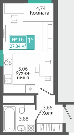 Квартира 1-комн. 27.34 кв.м