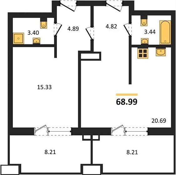 Апартаменты 1-комн. 68.99 кв. м