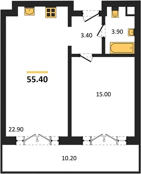 Апартаменты 1-комн. 55.4 кв. м