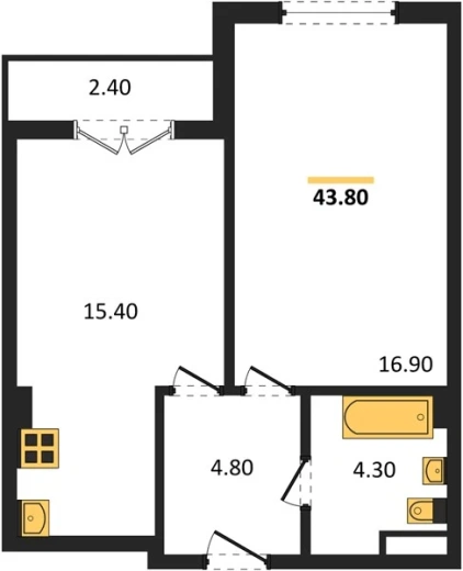 Квартира 1-комн. 43.8 кв. м