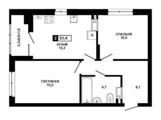 Квартира 2-комн. 51.4 кв. м