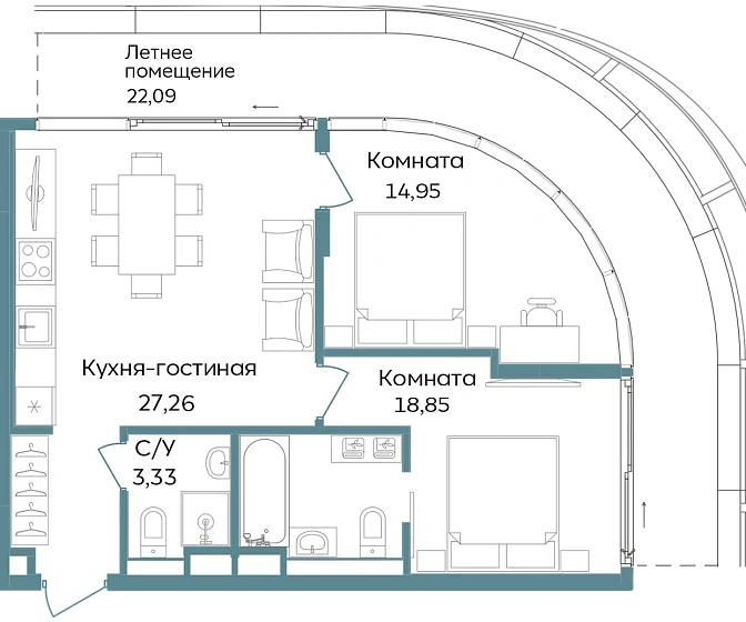 Апартаменты 3-комн. 86.48 кв. м