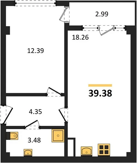 Квартира 1-комн. 39.38 кв. м