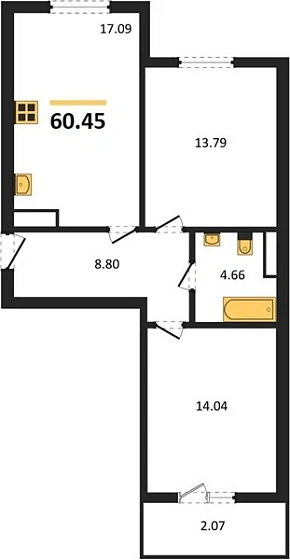 Квартира 2-комн. 60.45 кв. м