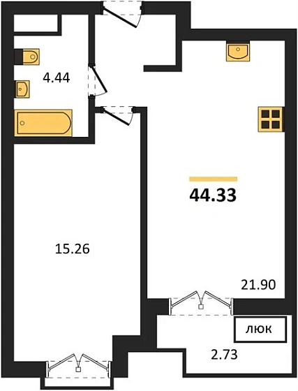 Квартира 1-комн. 44.33 кв. м