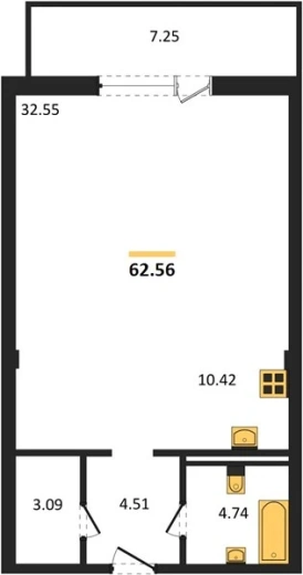 Апартаменты 1-комн. 62.56 кв. м