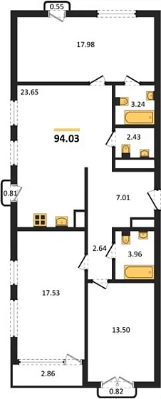 Квартира 3-комн. 94.03 кв. м