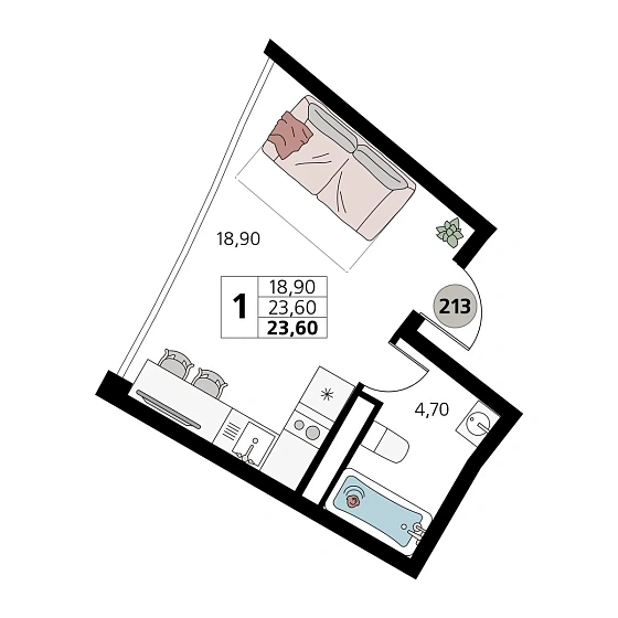 Апартаменты 1-комн. 23.6 кв. м