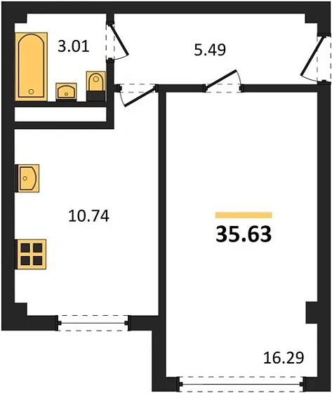 Квартира 1-комн. 35.63 кв. м