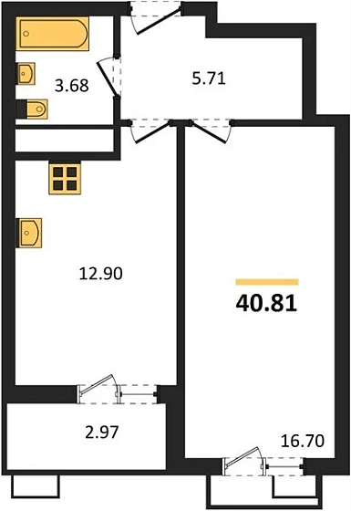 Квартира 1-комн. 40.81 кв. м