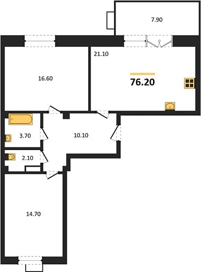 Квартира 2-комн. 76.2 кв. м