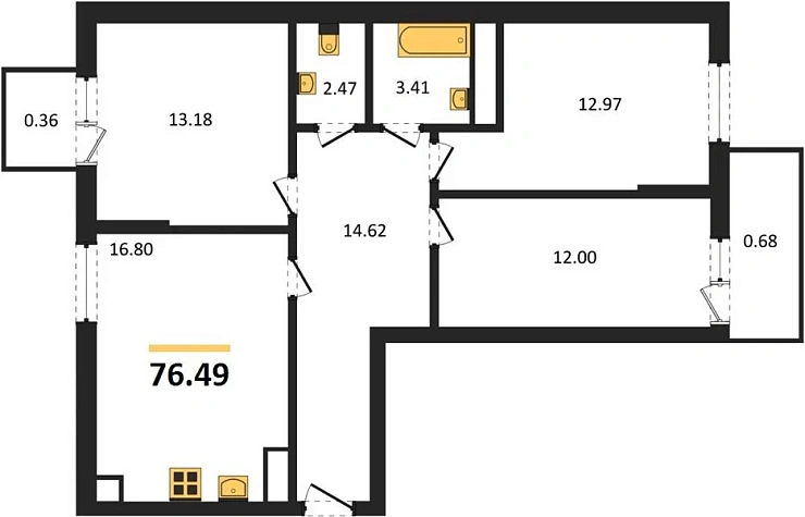 Квартира 3-комн. 76.49 кв. м