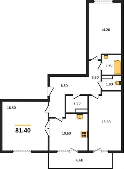 Квартира 3-комн. 81.4 кв. м