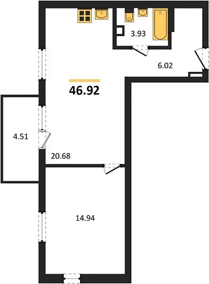 Квартира 1-комн. 46.77 кв. м