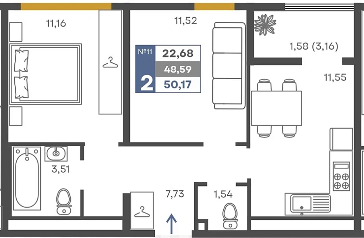 Квартира 2-комн. 48.59 кв. м