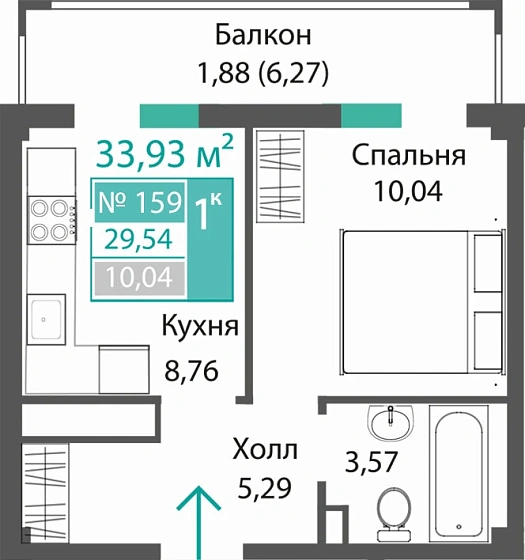 Квартира 1-комн. 29.54 кв.м