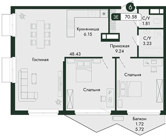Квартира 2-комн. 70.58 кв. м