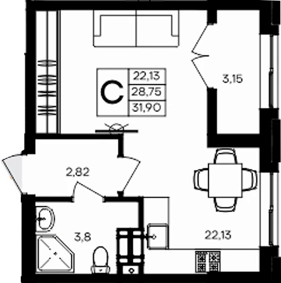 Квартира Студия 31.9 кв. м