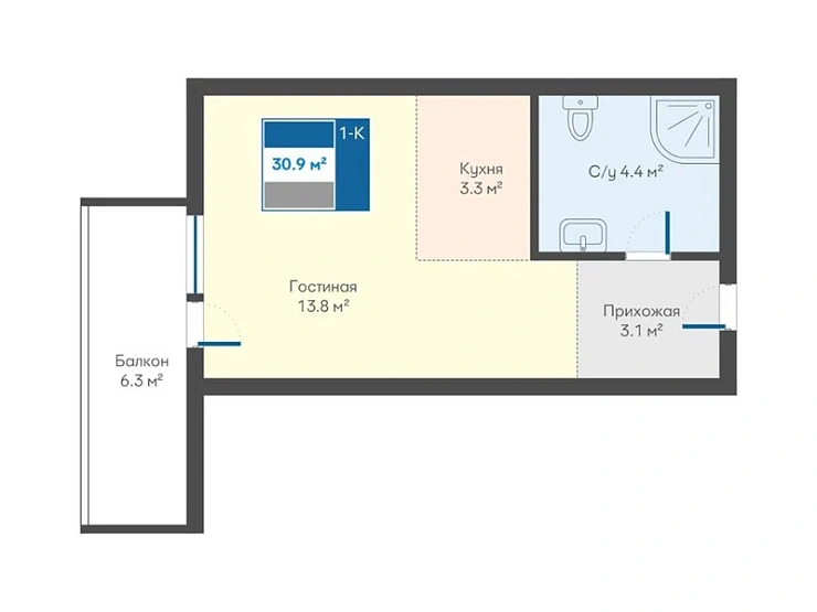 Квартира 1-комн. 30.9 кв. м
