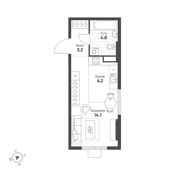 Квартира Студия 28.3 кв. м
