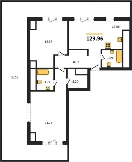 Квартира 2-комн. 129.96 кв. м