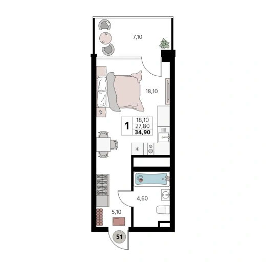 Апартаменты 1-комн. 34.9 кв. м