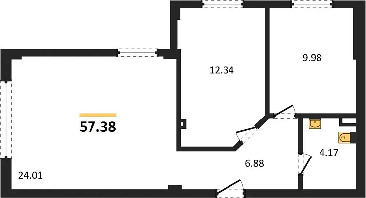Квартира 3-комн. 57.38 кв. м