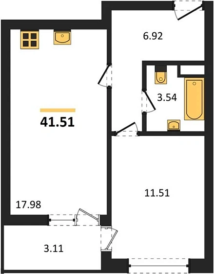 Квартира 1-комн. 41.51 кв. м