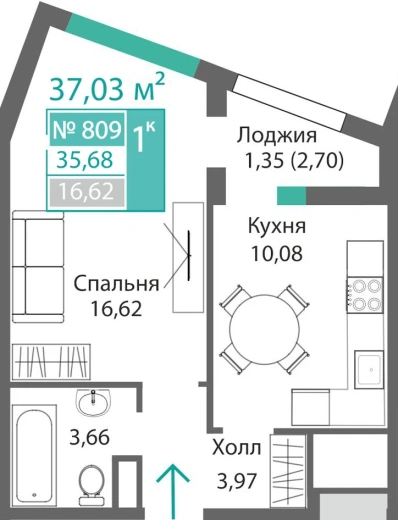 Квартира 1-комн. 35.68 кв.м