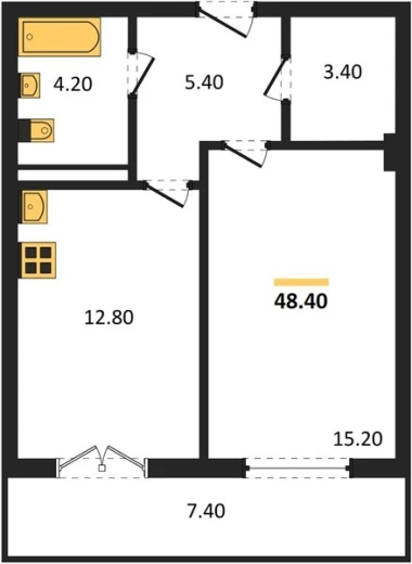 Квартира 1-комн. 48.4 кв. м