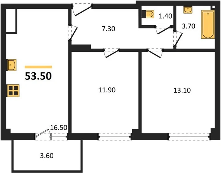 Квартира 2-комн. 53.5 кв. м
