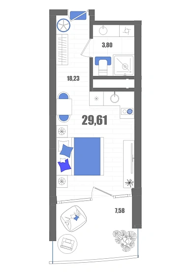 Апартаменты Студия 29.61 кв. м