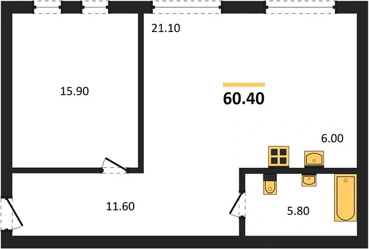Квартира 1-комн. 60.4 кв. м