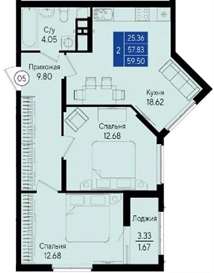 Квартира 2-комн. 59.5 кв. м
