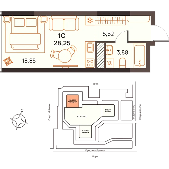 Квартира Студия 28.25 кв. м