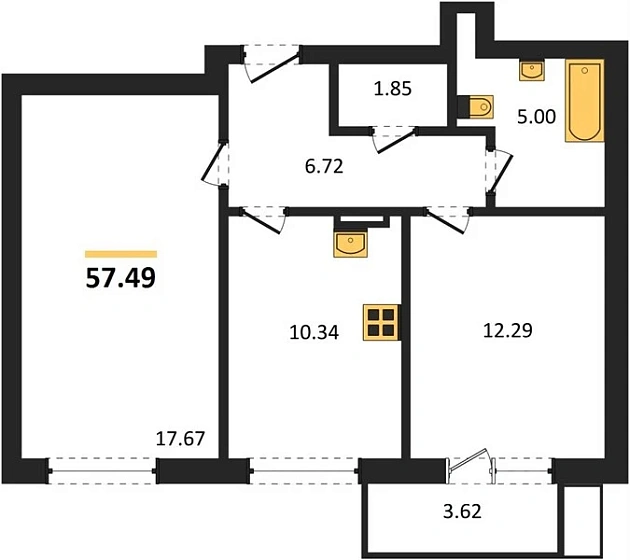 Квартира 2-комн. 57.49 кв. м