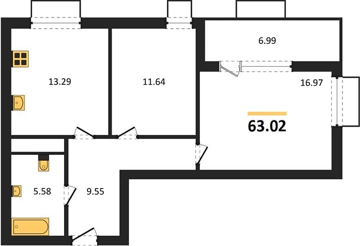 Квартира 2-комн. 63.02 кв. м